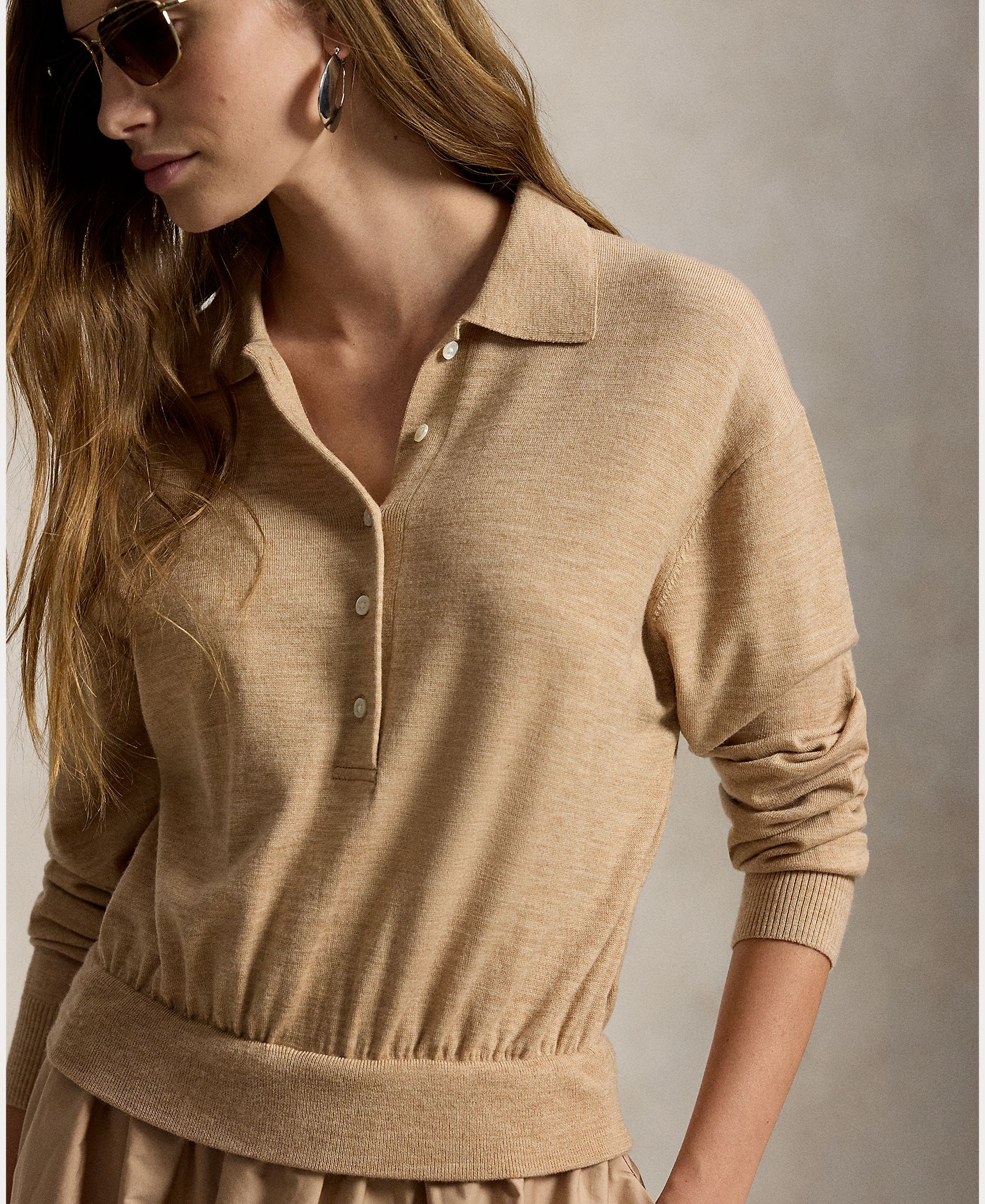Vestido Comprido de Lã com Colarinho de Polo Bege-5