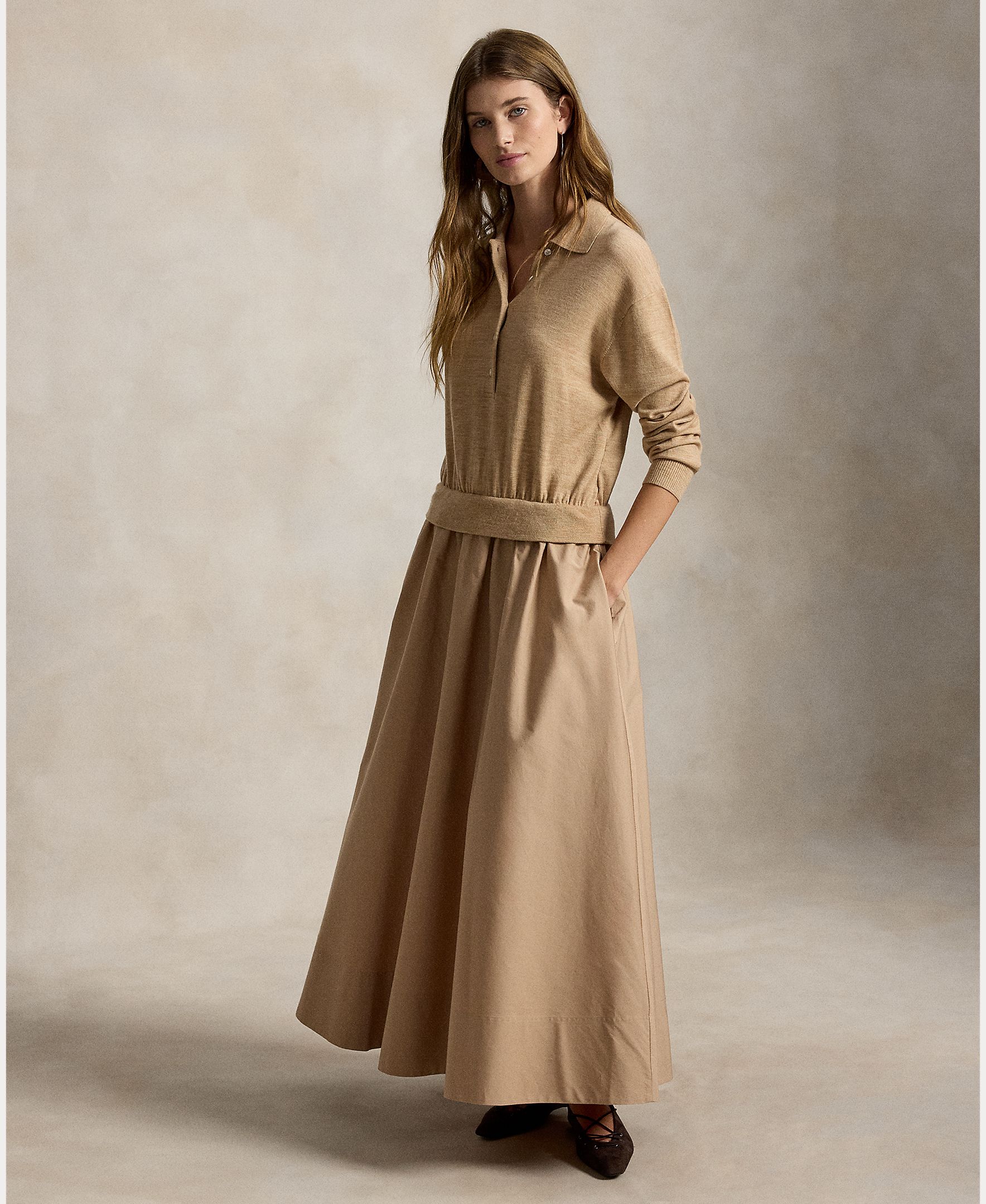 Vestido Comprido de Lã com Colarinho de Polo Bege-6