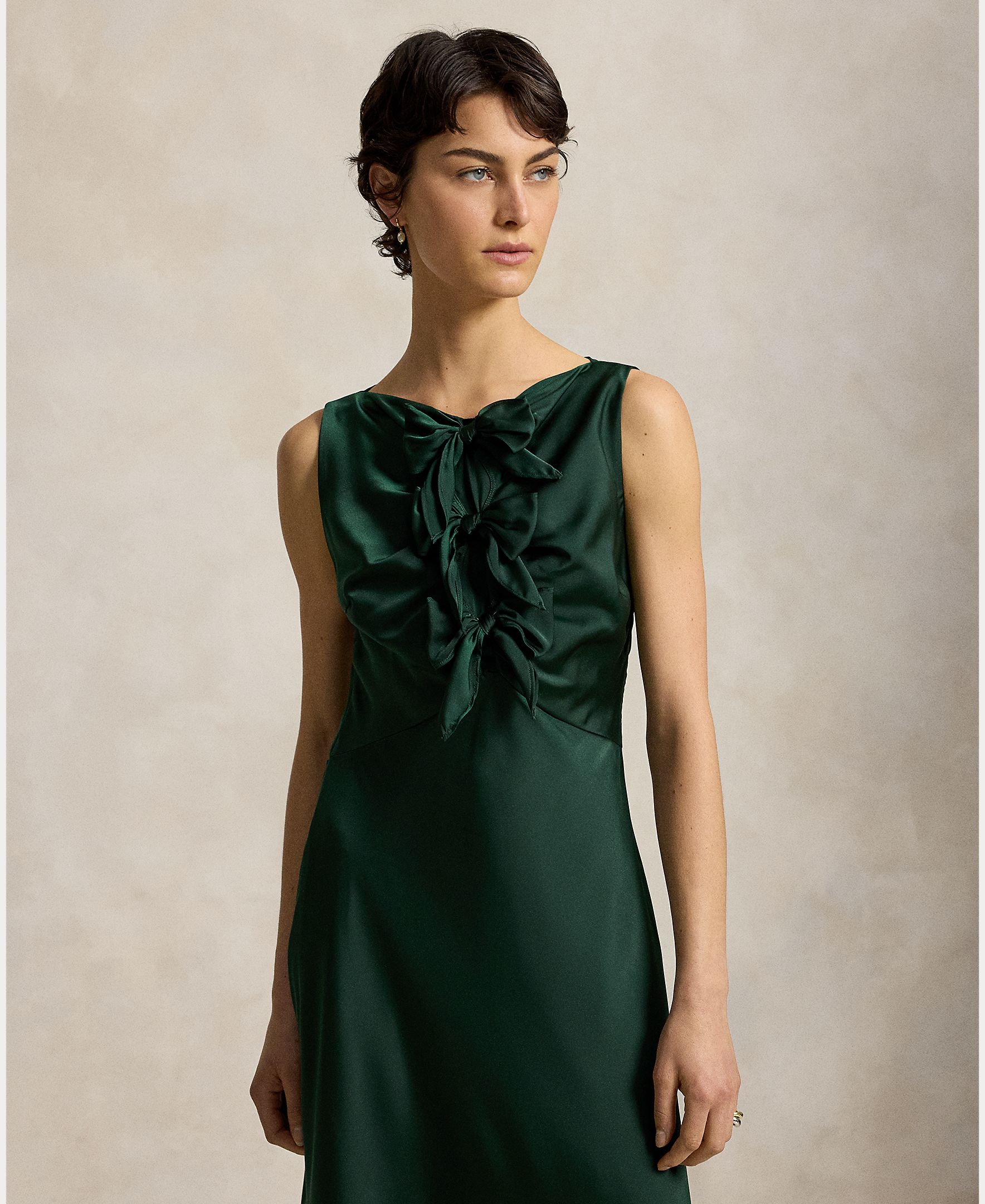 Vestido Midi de Cetim sem Mangas Verde-escuro-3