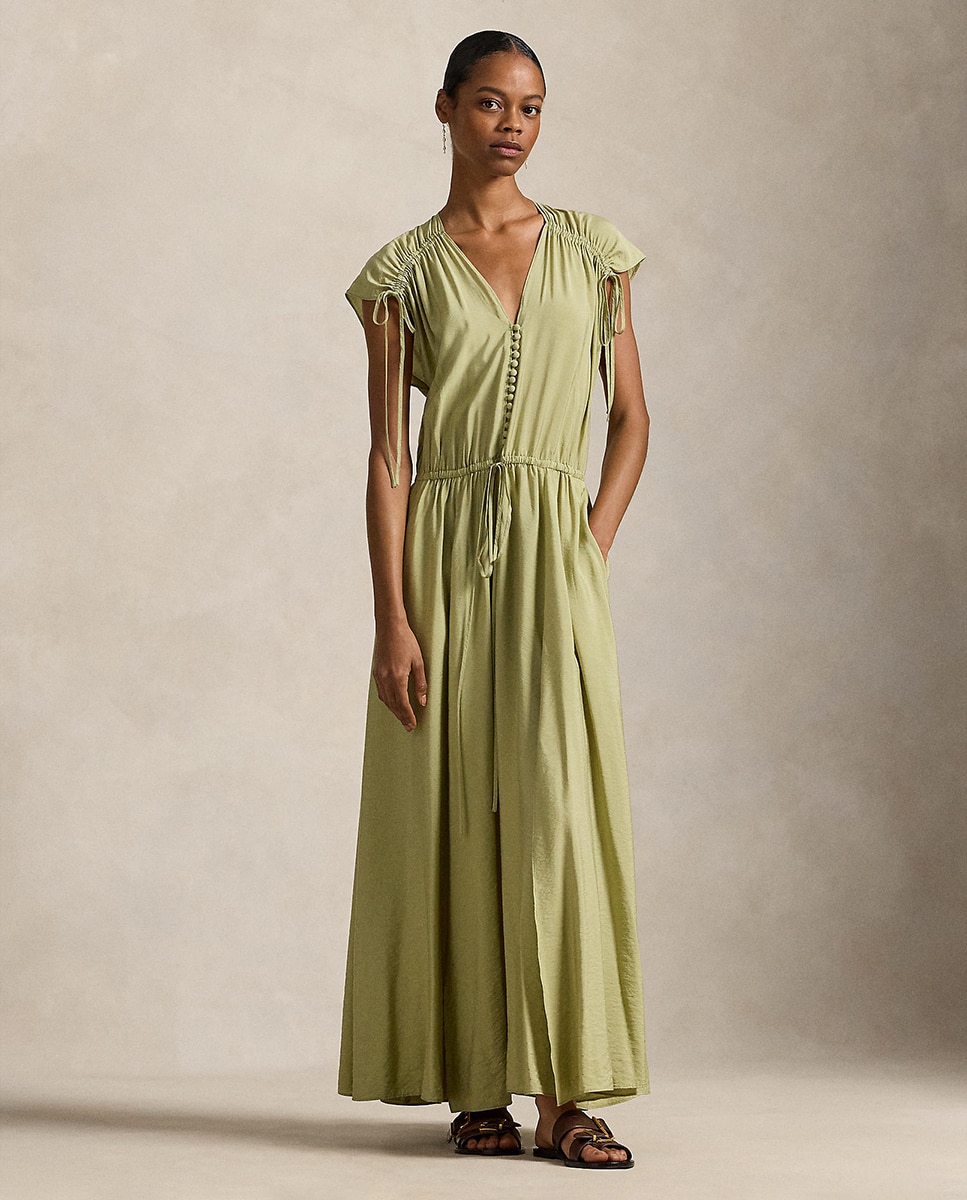 Imagem 0 de Vestido Comprido de Crepe com Fitas nas Pregas