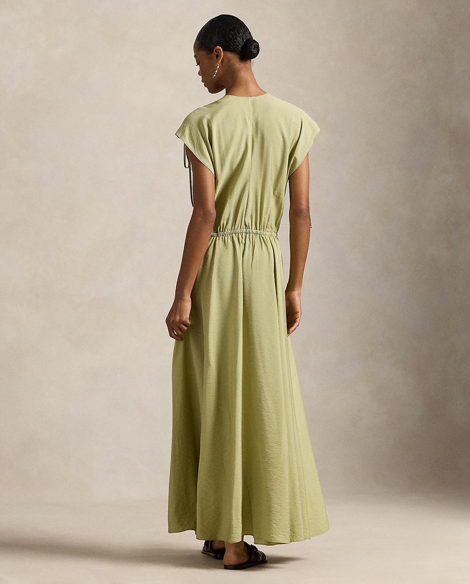 Vestido Comprido de Crepe com Fitas nas Pregas Caqui-3