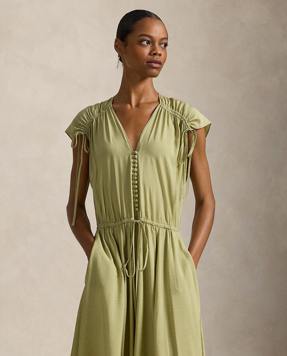 Vestido Comprido de Crepe com Fitas nas Pregas Caqui-4