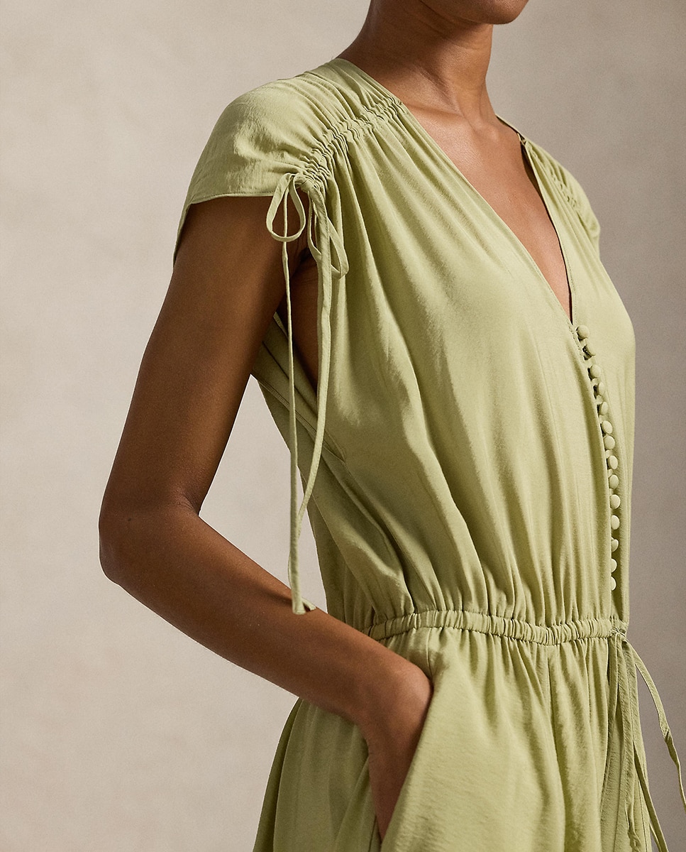 Vestido Comprido de Crepe com Fitas nas Pregas Caqui-5