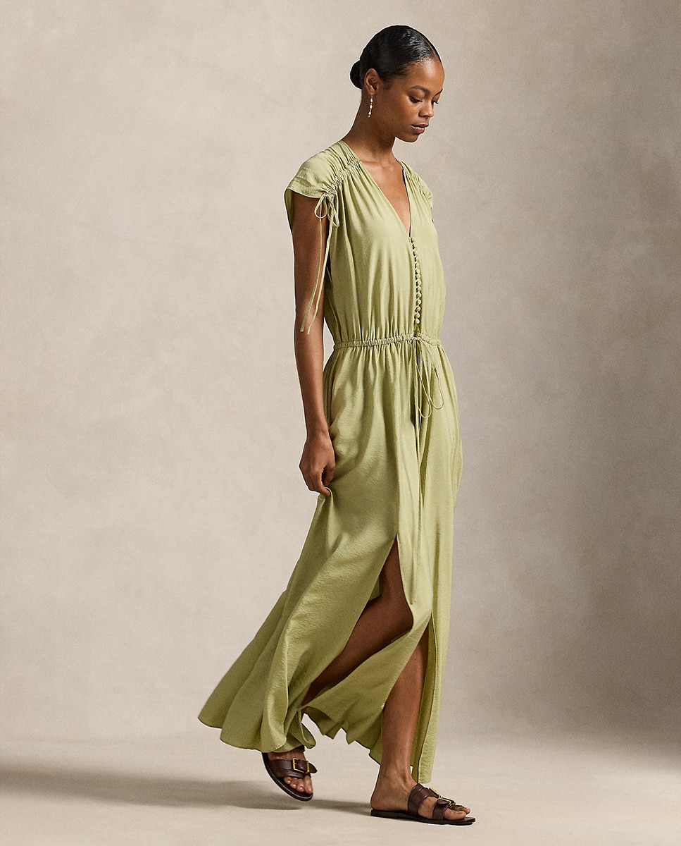 Vestido Comprido de Crepe com Fitas nas Pregas Caqui-6