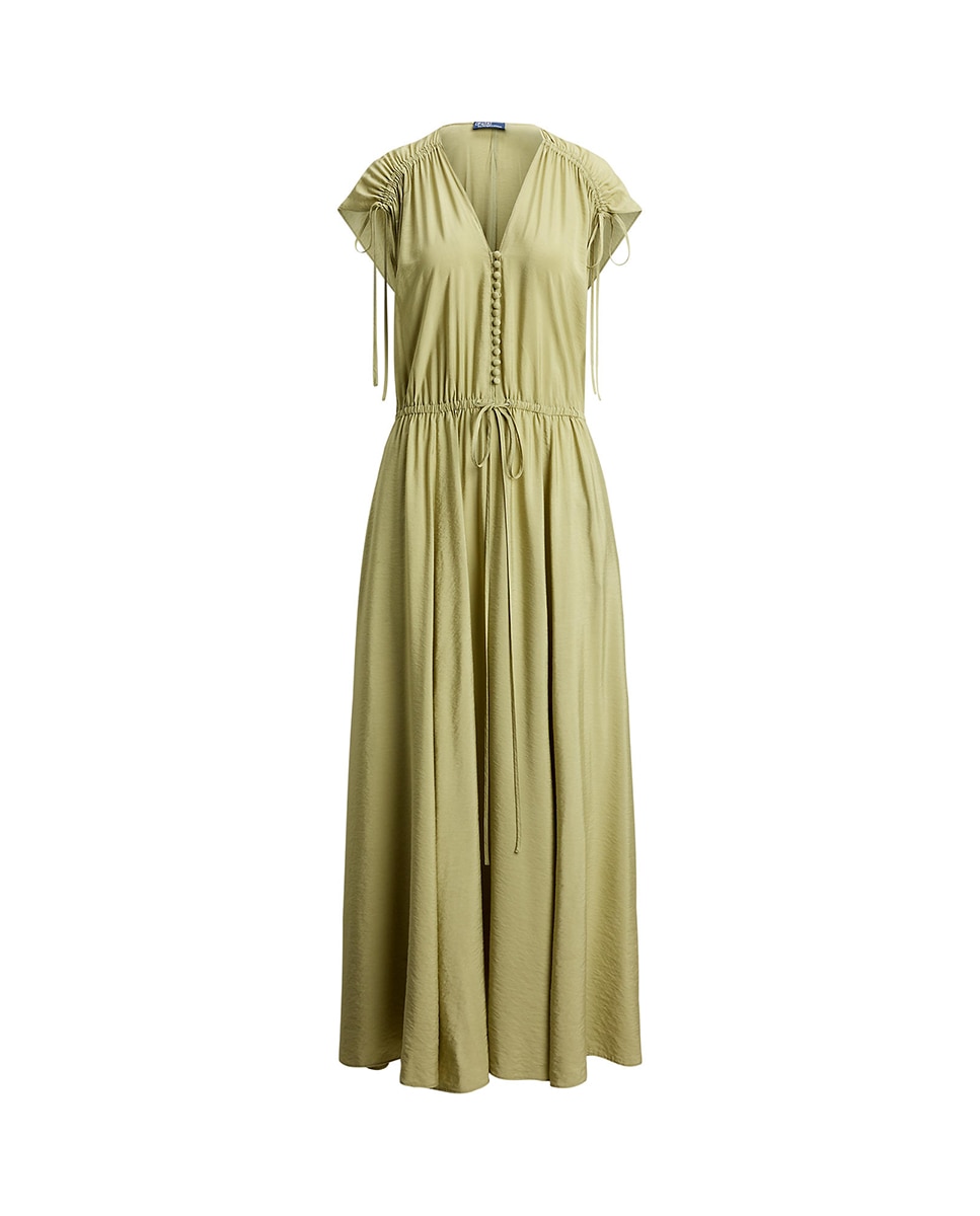 Vestido Comprido de Crepe com Fitas nas Pregas Caqui-7
