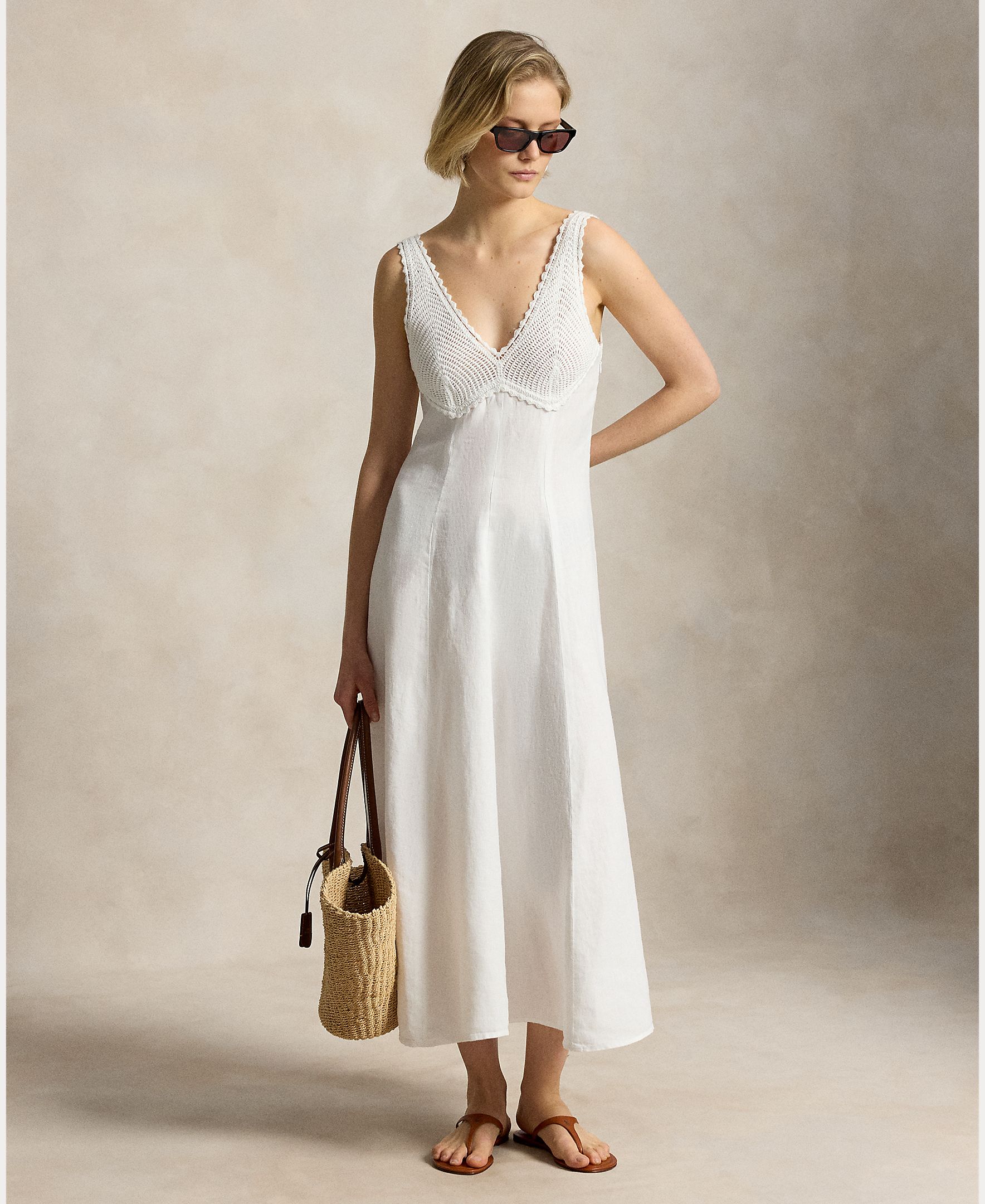 Imagem 0 de Vestido Comprido de Linho com Decote em V