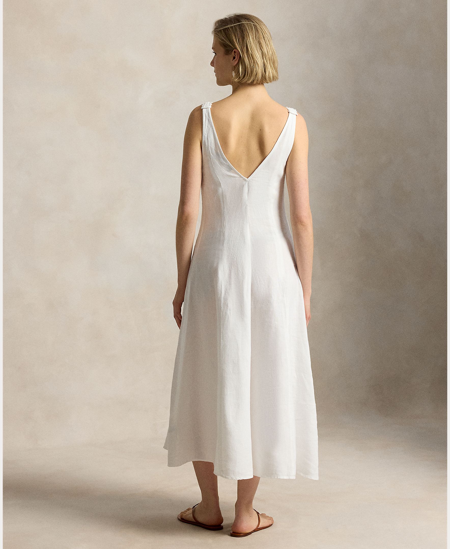 Vestido Comprido de Linho com Decote em V Branco-4