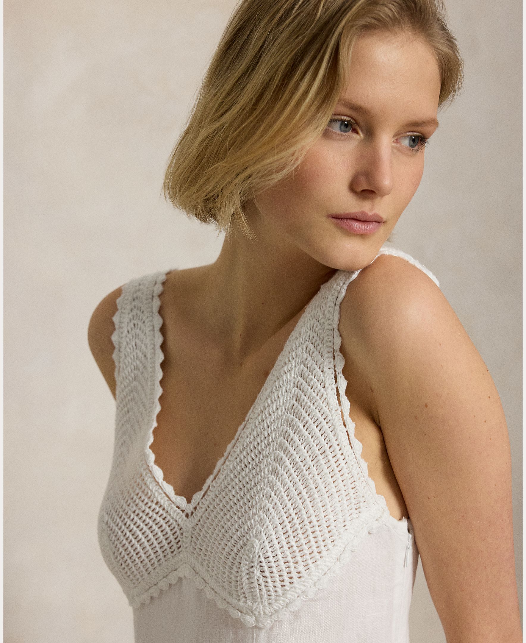 Vestido Comprido de Linho com Decote em V Branco-6