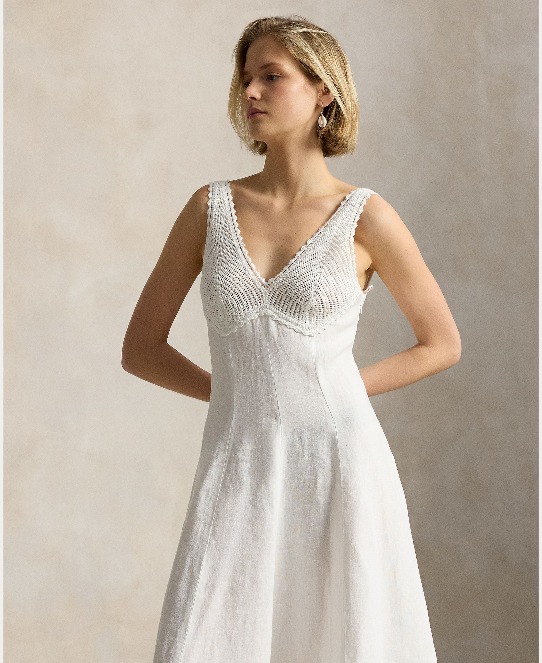 Vestido Comprido de Linho com Decote em V Branco-7