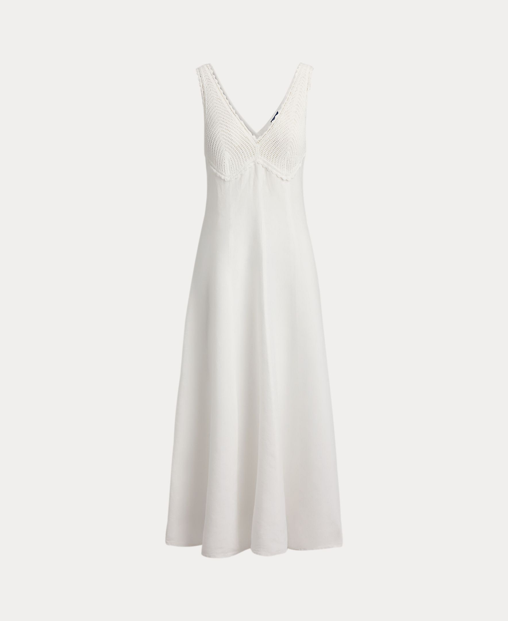 Vestido Comprido de Linho com Decote em V Branco-8