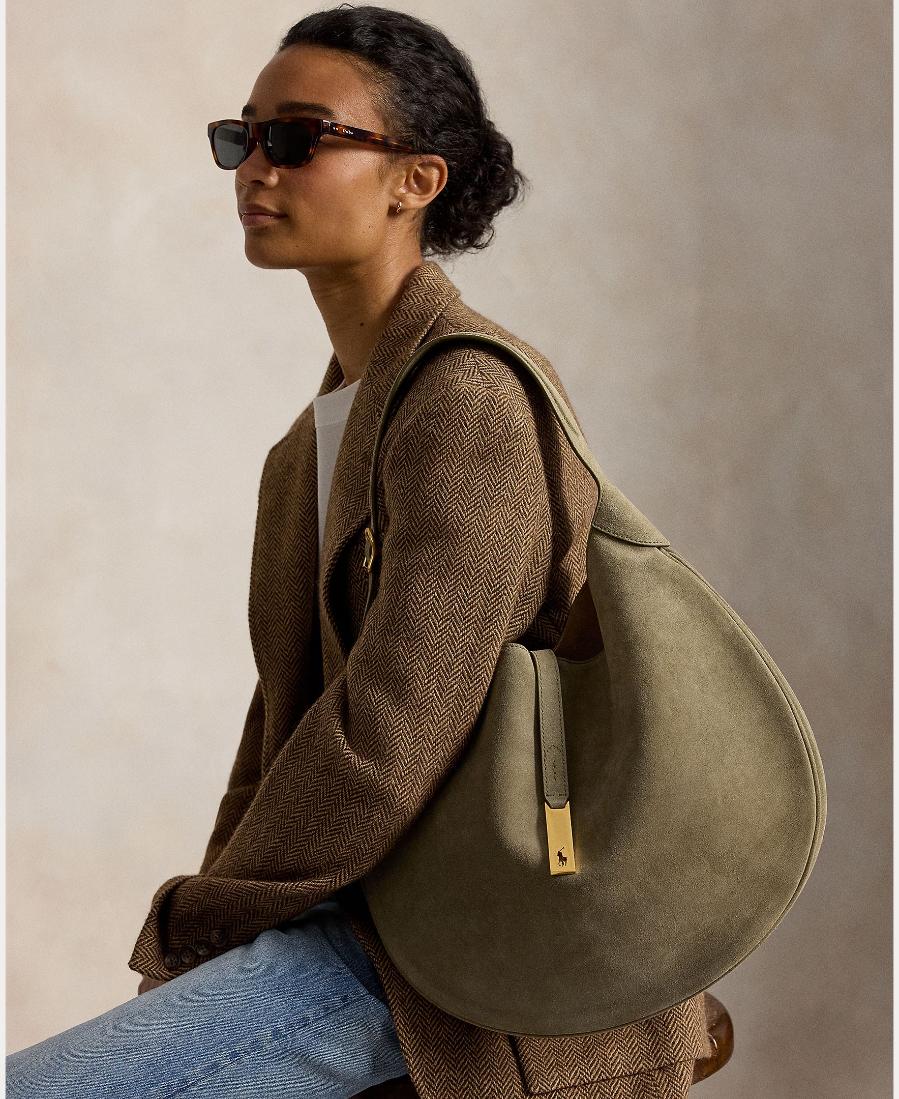 Bolso de hombro Polo ID de ante mediano - Polo Ralph Lauren - Verde mate Verde mate-7