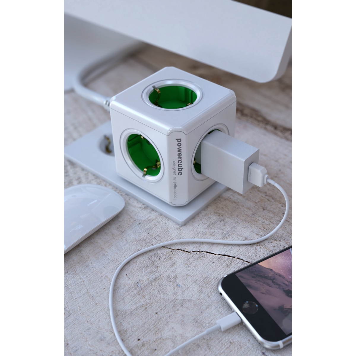 Regleta eléctrica cubo 5 tomas schuko Blanco / Verde-3