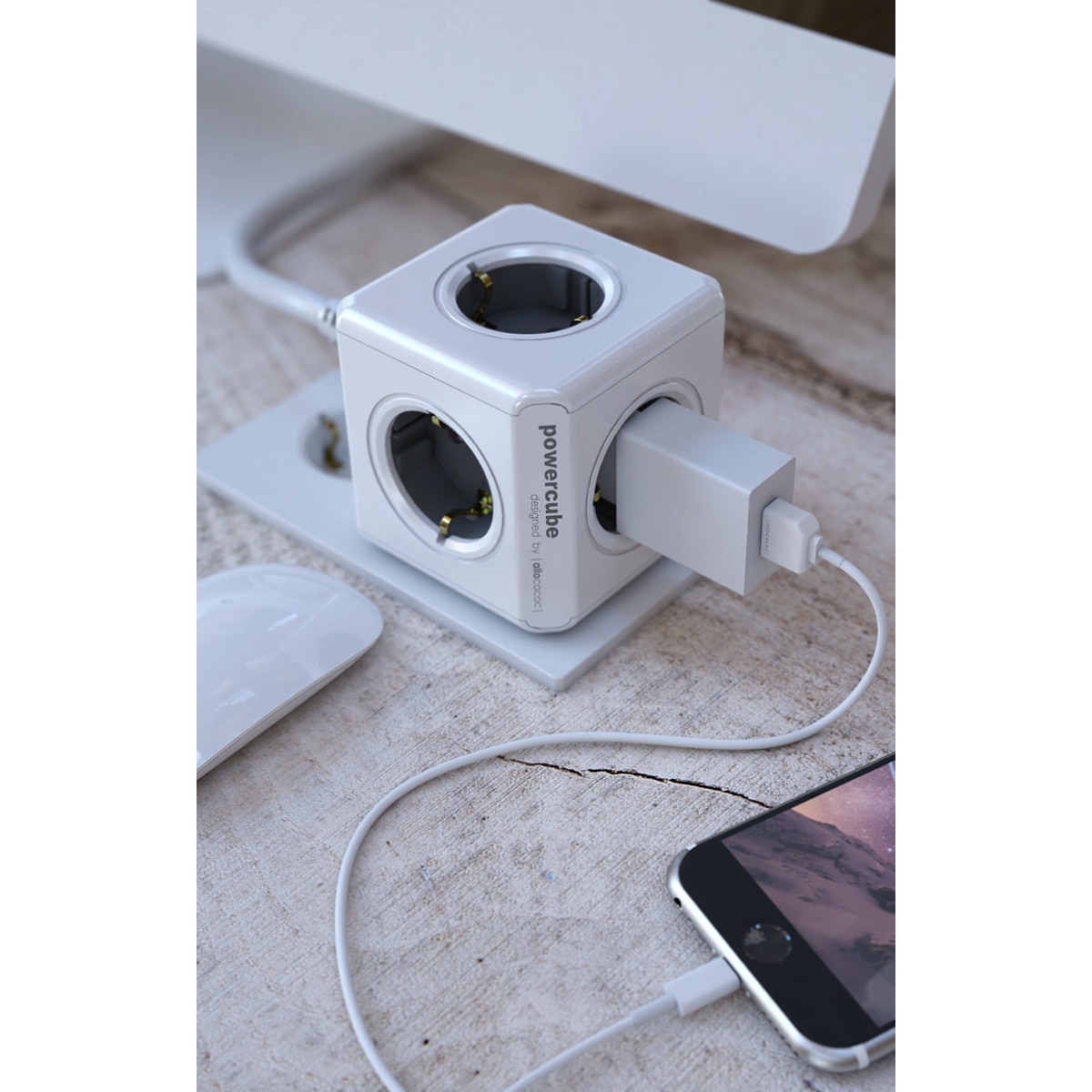 Regleta eléctrica 4 tomas schuko + 2 tomas USB con soporte y cable 1,5 m Gris-2