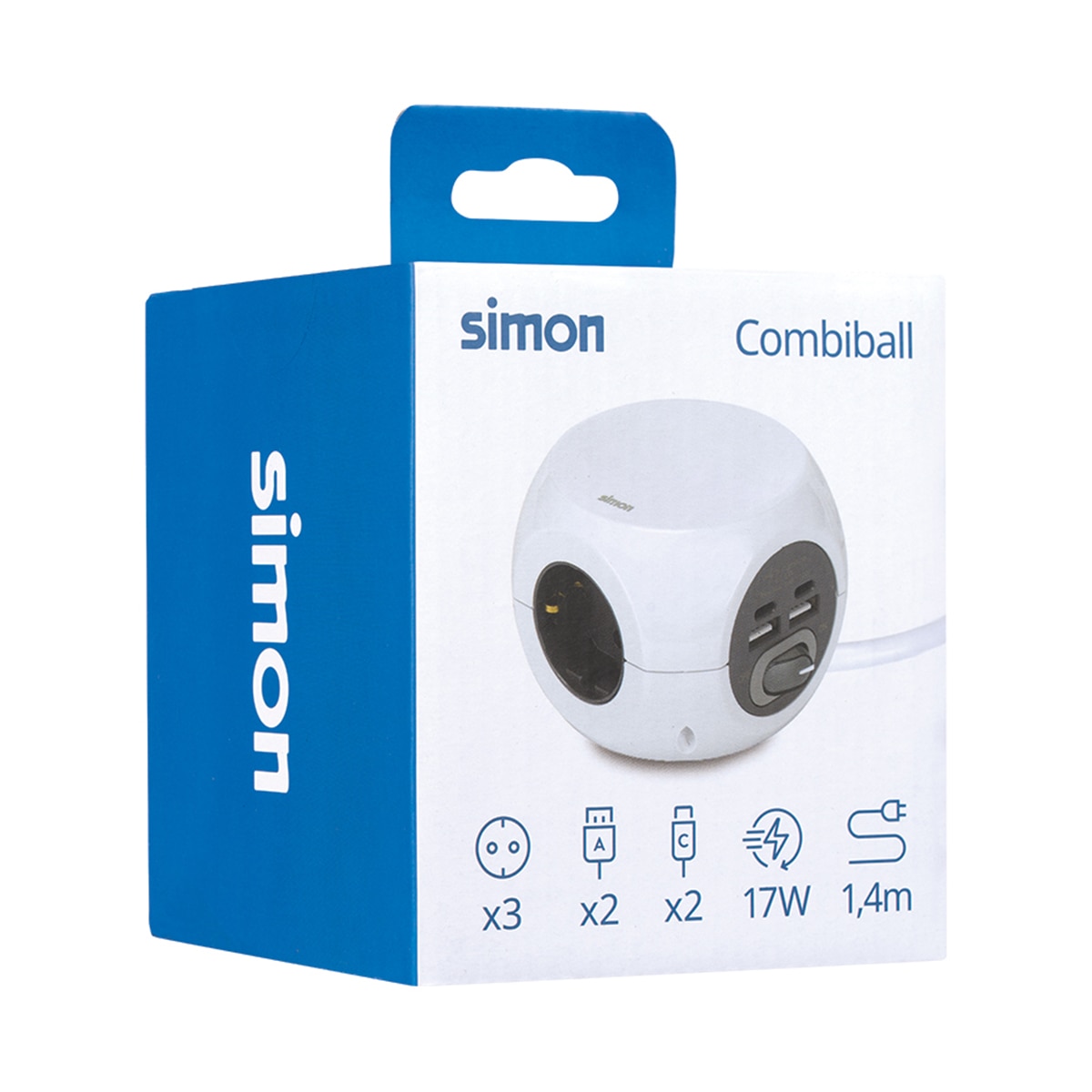 Base Múltiple Combiball Simon con 3 Tomas + 2 USB A + 2 USB C 1,4m Simon Blanco-3