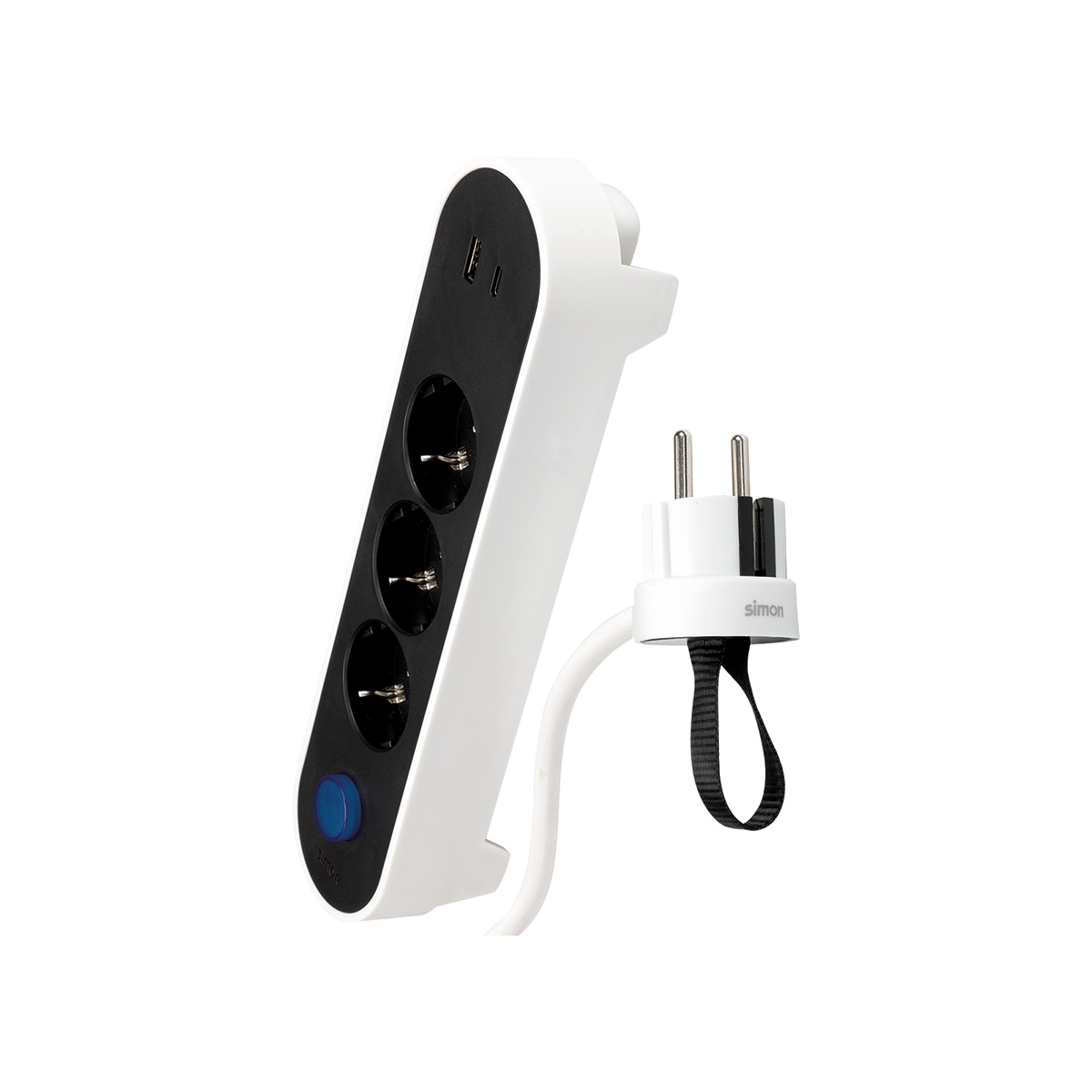 Base múltiple Plug 2 USB carga rápida 18W con interruptor y clavija extraplana Simon Blanco - Negro-2