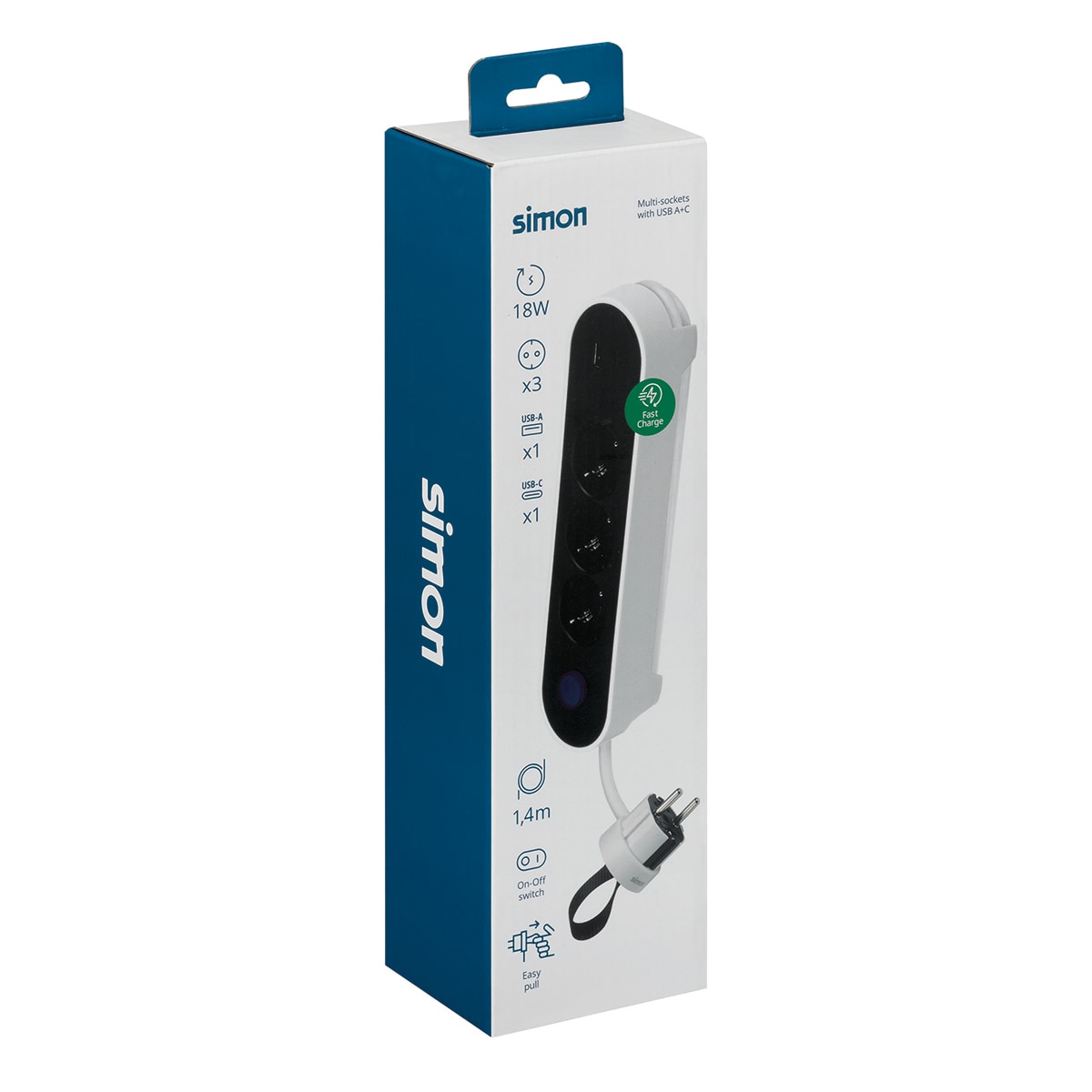 Base múltiple Plug 2 USB carga rápida 18W con interruptor y clavija extraplana Simon Blanco - Negro-10