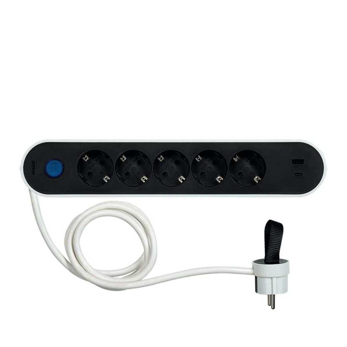 Base múltiple Plug 2 USB carga rápida 18W con interruptor y clavija extraplana Simon Blanco - Negro-3