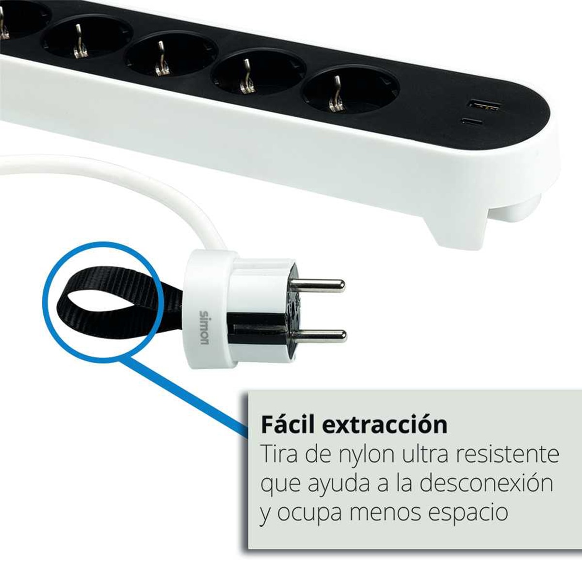 Base múltiple Plug 2 USB carga rápida 18W con interruptor y clavija extraplana Simon Blanco - Negro-4