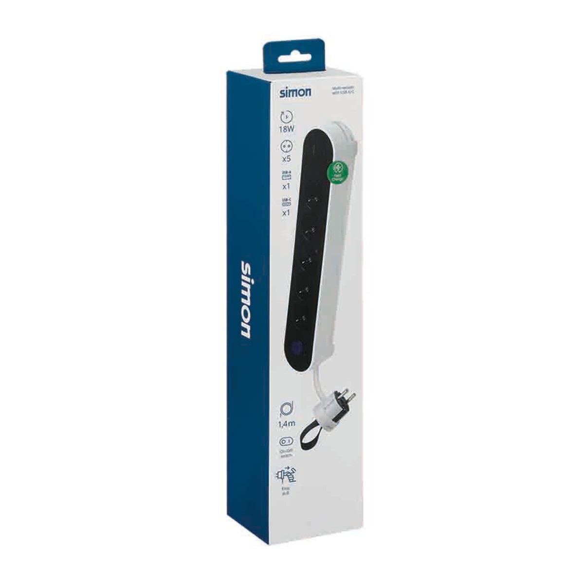 Base múltiple Plug 2 USB carga rápida 18W con interruptor y clavija extraplana Simon Blanco - Negro-10