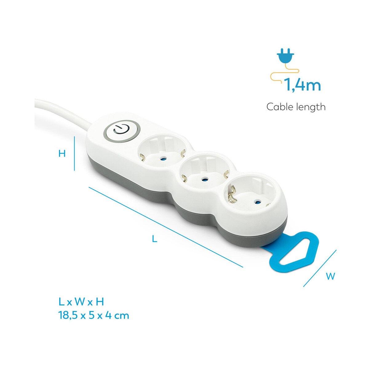 Bloco de 3 Tomadas Schuko com Tomadas + Interruptor - 1,4 m Branco / Cinzento-6