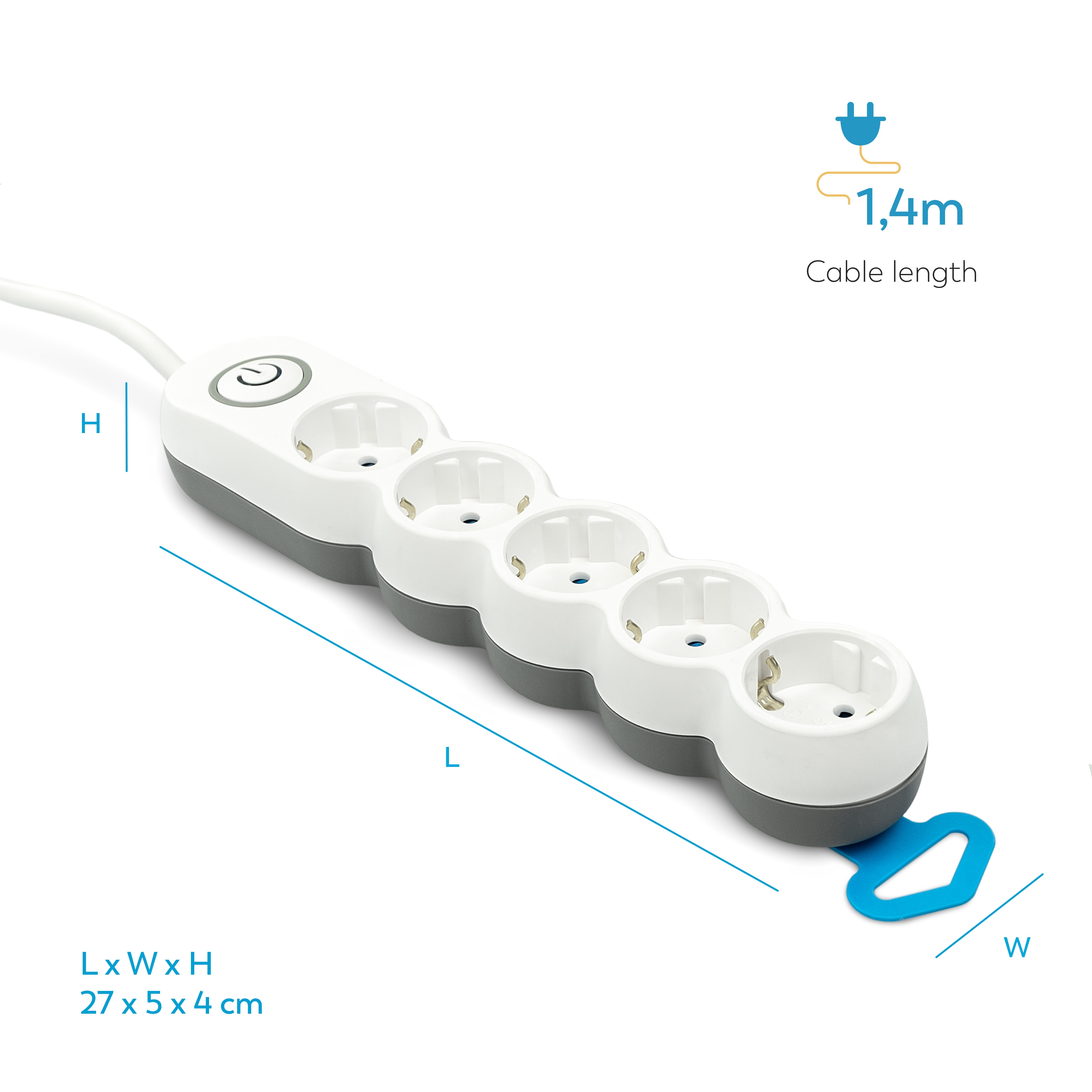 Bloco de 5 Tomadas Schuko com Tomadas + Interruptor - 1,4 m Branco / Cinzento-6