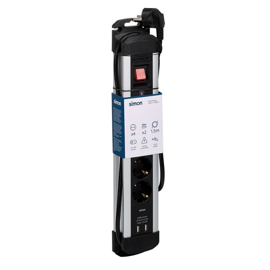 Base Múltipla Extrapower de Alumínio 2 USB A 2 m de Cabo com Proteção de Sobrecarga Aço/Preto-10