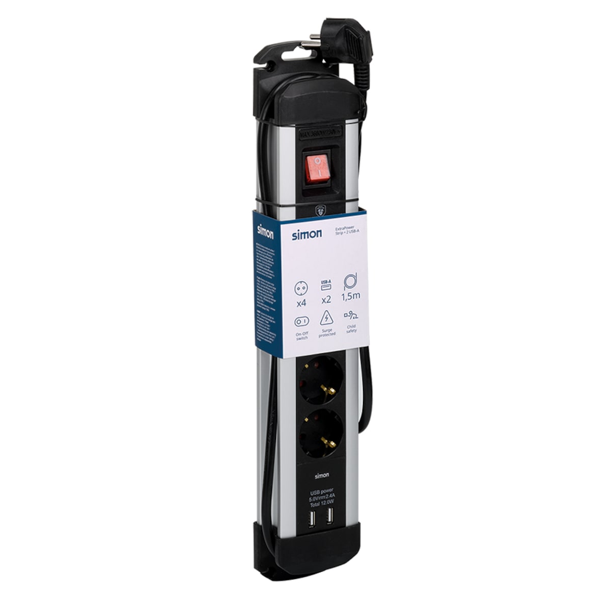 Base múltiple extrapower aluminio 2 USB A 1,5 m cable con protección sobretensiones Simon Acero / Negro-10