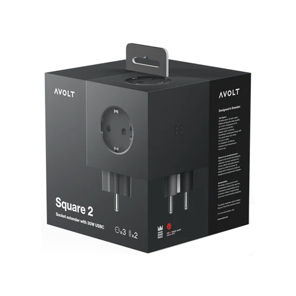 Extensão quadrada SQ1 de parede, 30 W, dupla, com 3 tomadas Schuko + 2 USB-C Stockholm Black-7