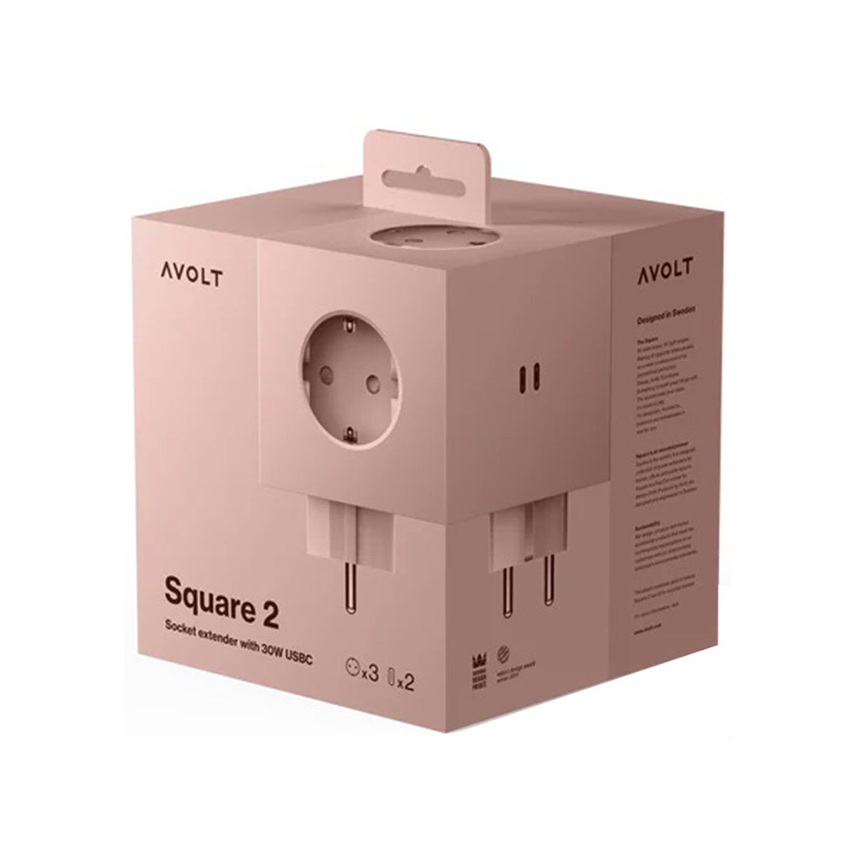Extensão quadrada SQ1 de parede, 30 W, dupla, com 3 tomadas Schuko + 2 USB-C Old Pink-2