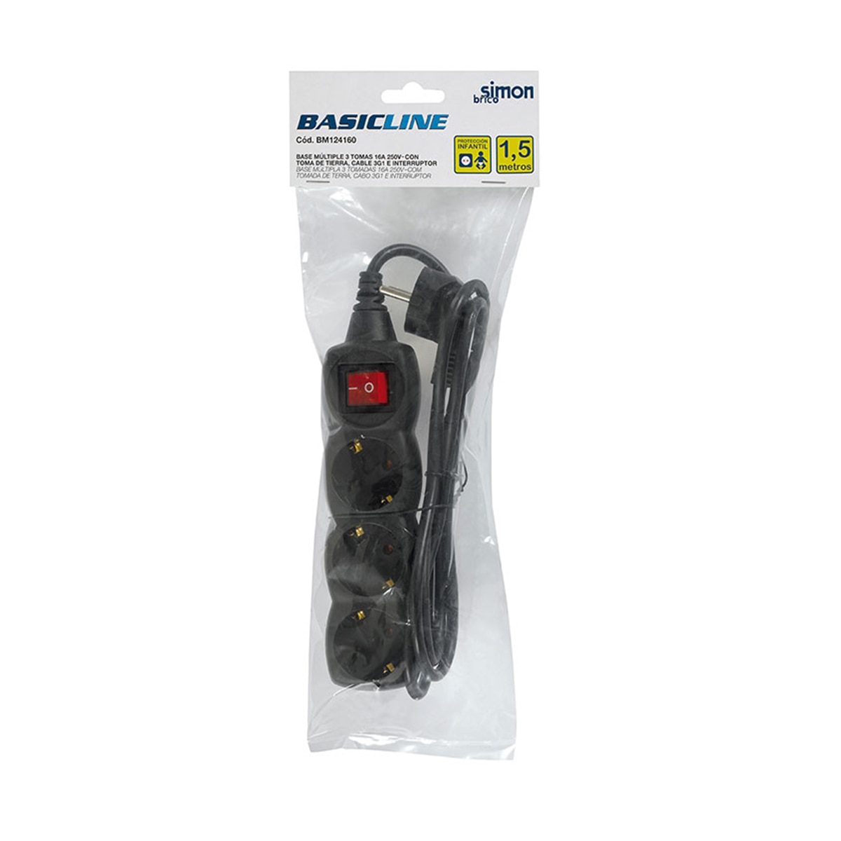 Base Múltiple 3 Tomas 16A 250V~ Negra Con Interruptor Y 1,5 Metros De Cable H05Vv-F 3G1Mm² Simon Brico 2