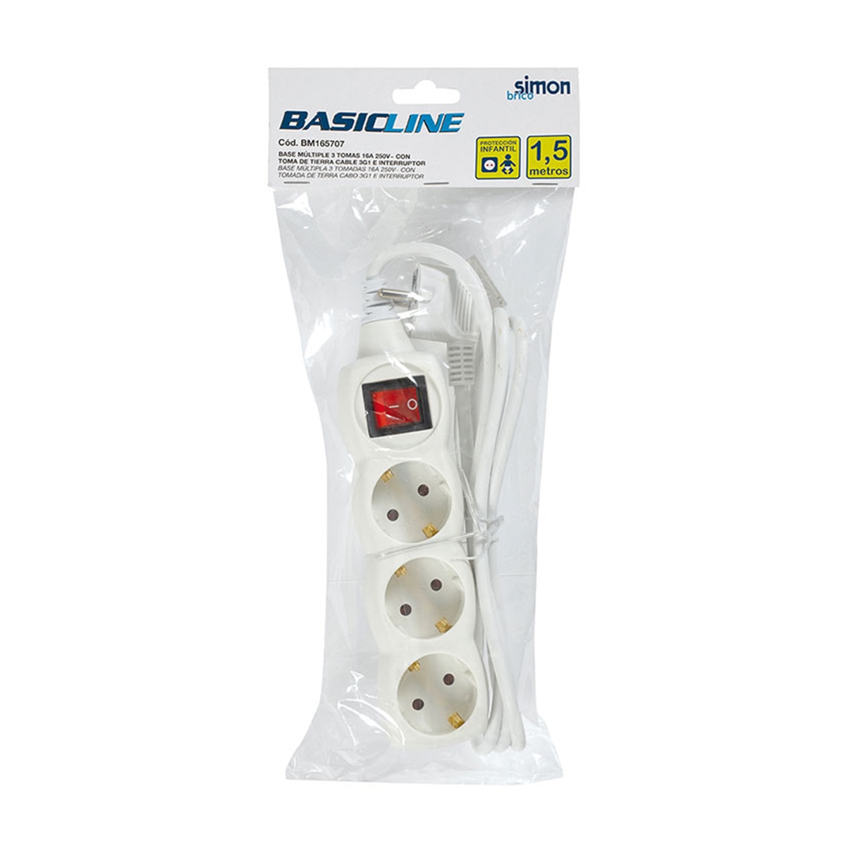 Base Múltiple 3 Tomas 16A 250V~ Blanca Con Interruptor Y 1,5 Metros De Cable H05Vv-F 3G1Mm² Simon Brico 2