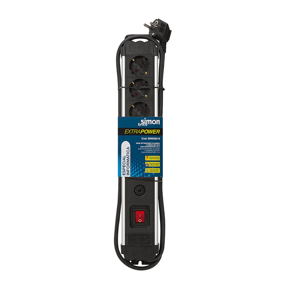 Base Múltiple Extrapower 4 Tomas 16A 250V~ Aluminio C/Prot. Sobretensiones 1,5M Cable H05Vv-F 3G1,5Mm² Simon Brico 3