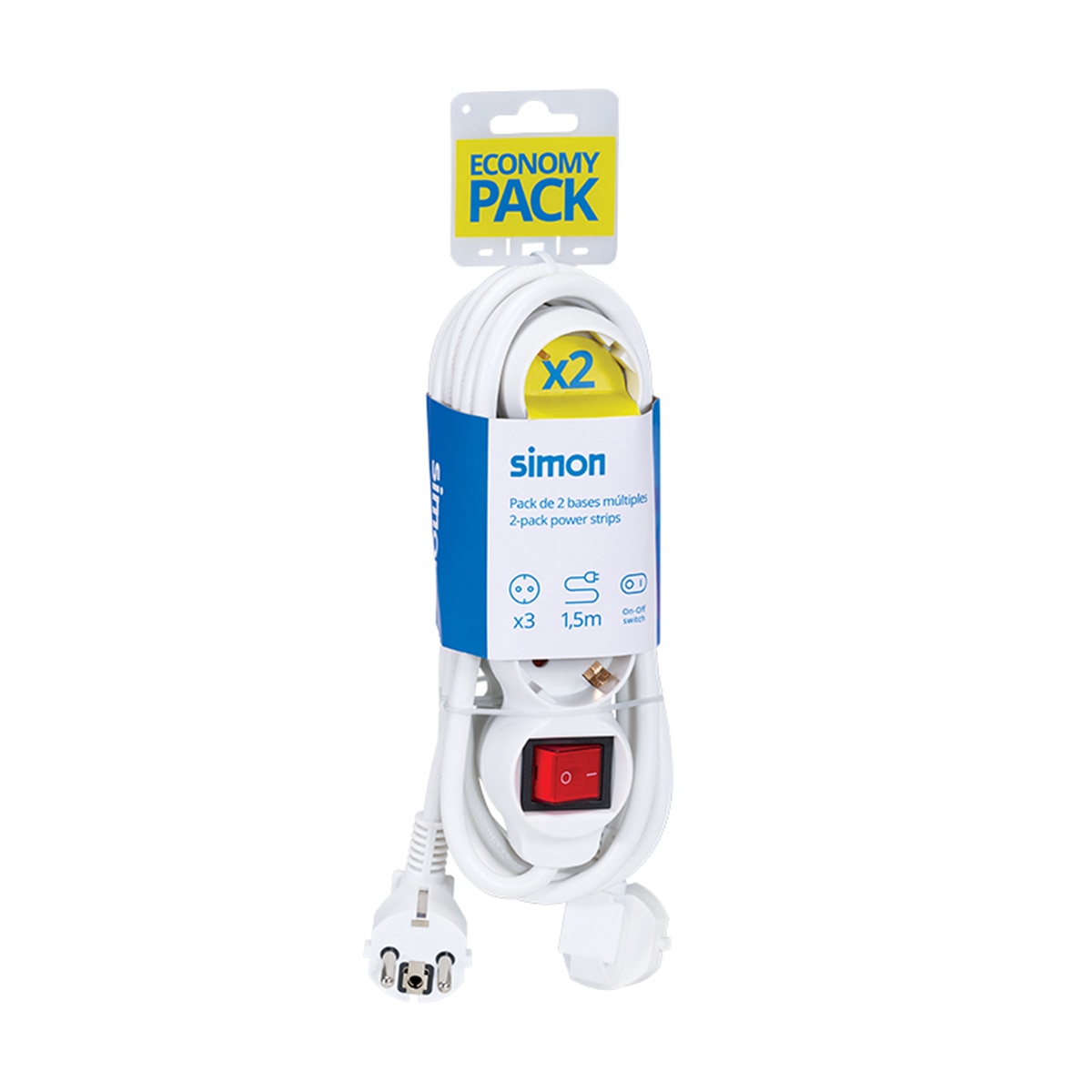 Pack 2 bases multiples 3 enchufes 1,5 metros longitud cable con interruptor Simon 4