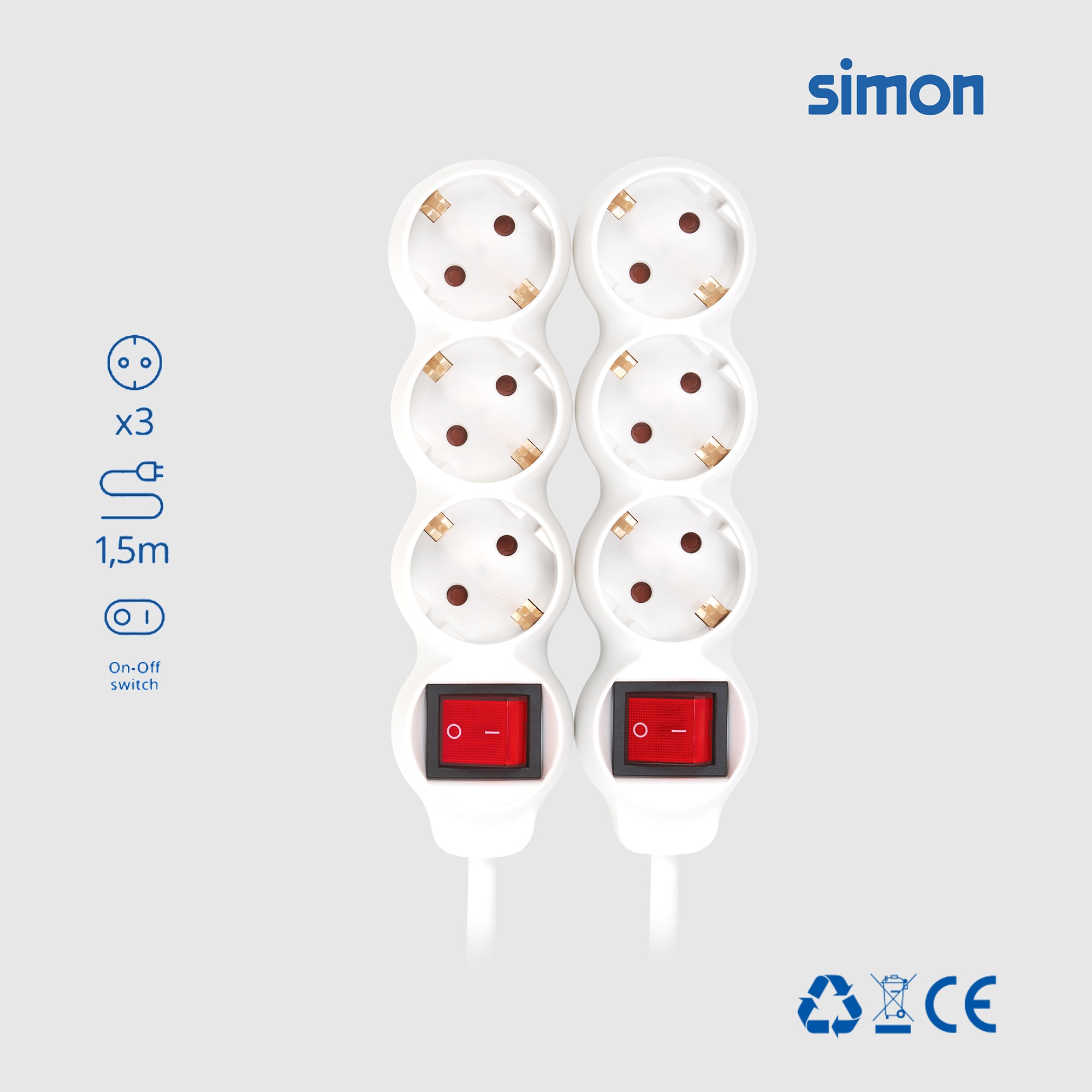 Pack 2 bases multiples 3 enchufes 1,5 metros longitud cable con interruptor Simon 7