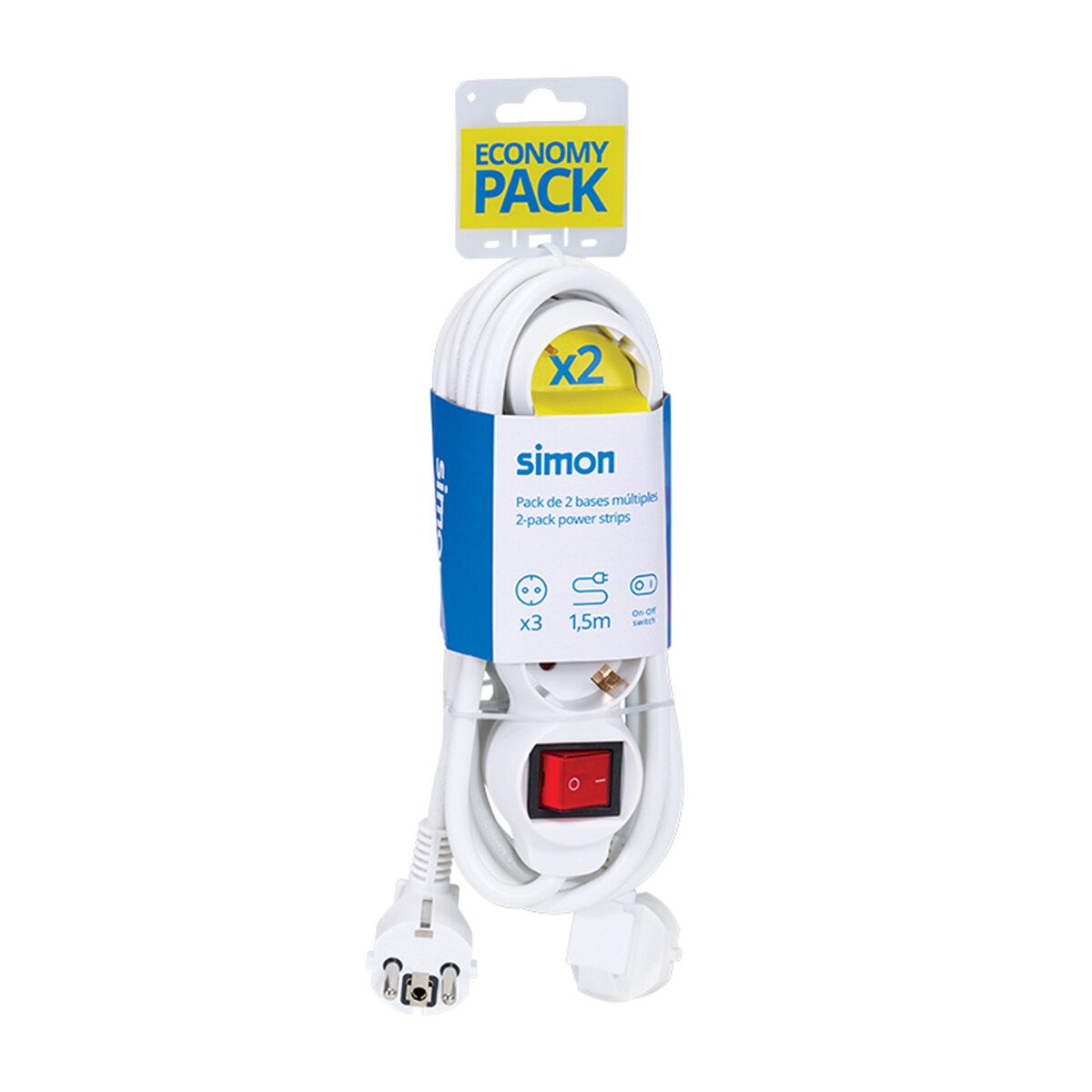 Pack 2 bases multiples 3 enchufes 1,5 metros longitud cable con interruptor Simon 11
