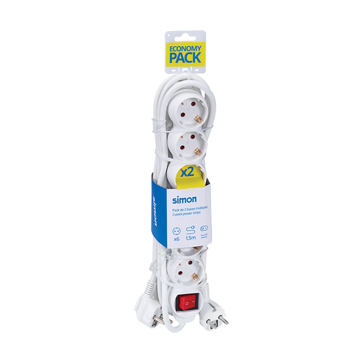 Pack 2 bases multiples 6 enchufes 1,5 metros longitud cable con interruptor Simon 4