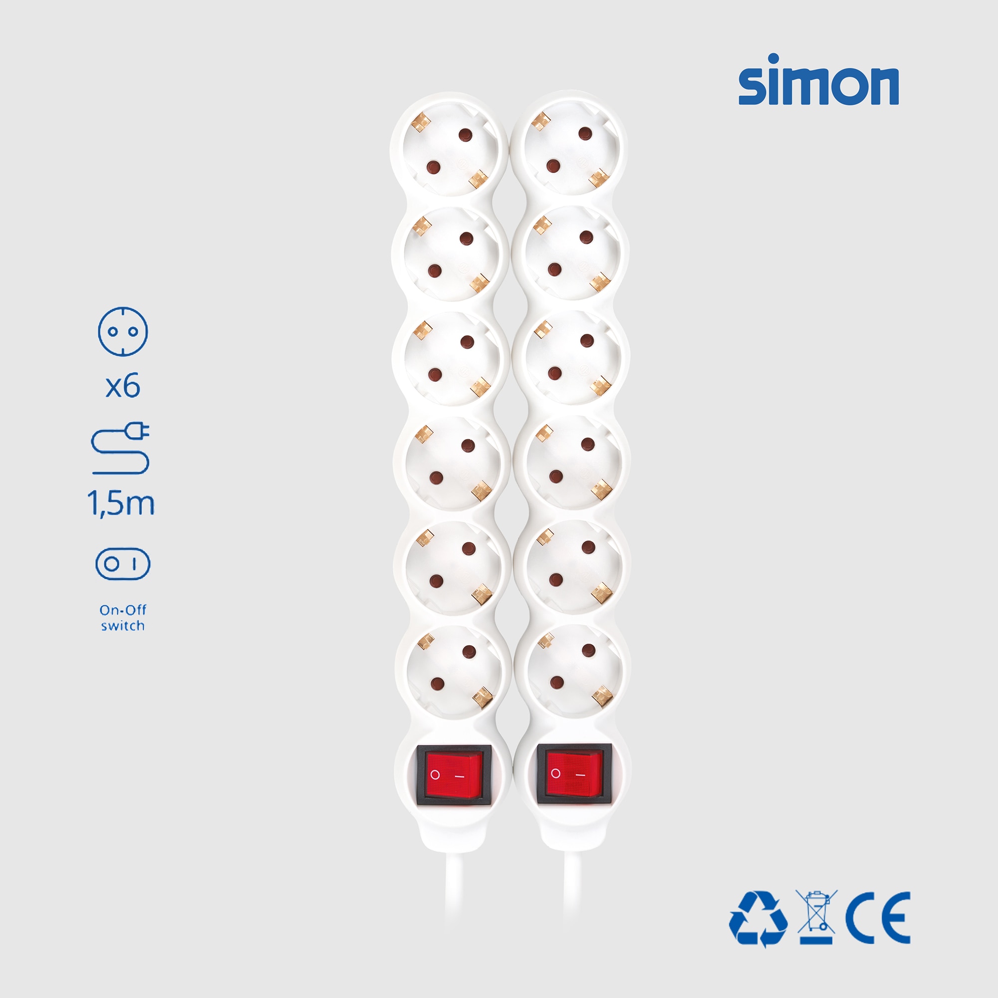 Pack 2 bases multiples 6 enchufes 1,5 metros longitud cable con interruptor Simon 7