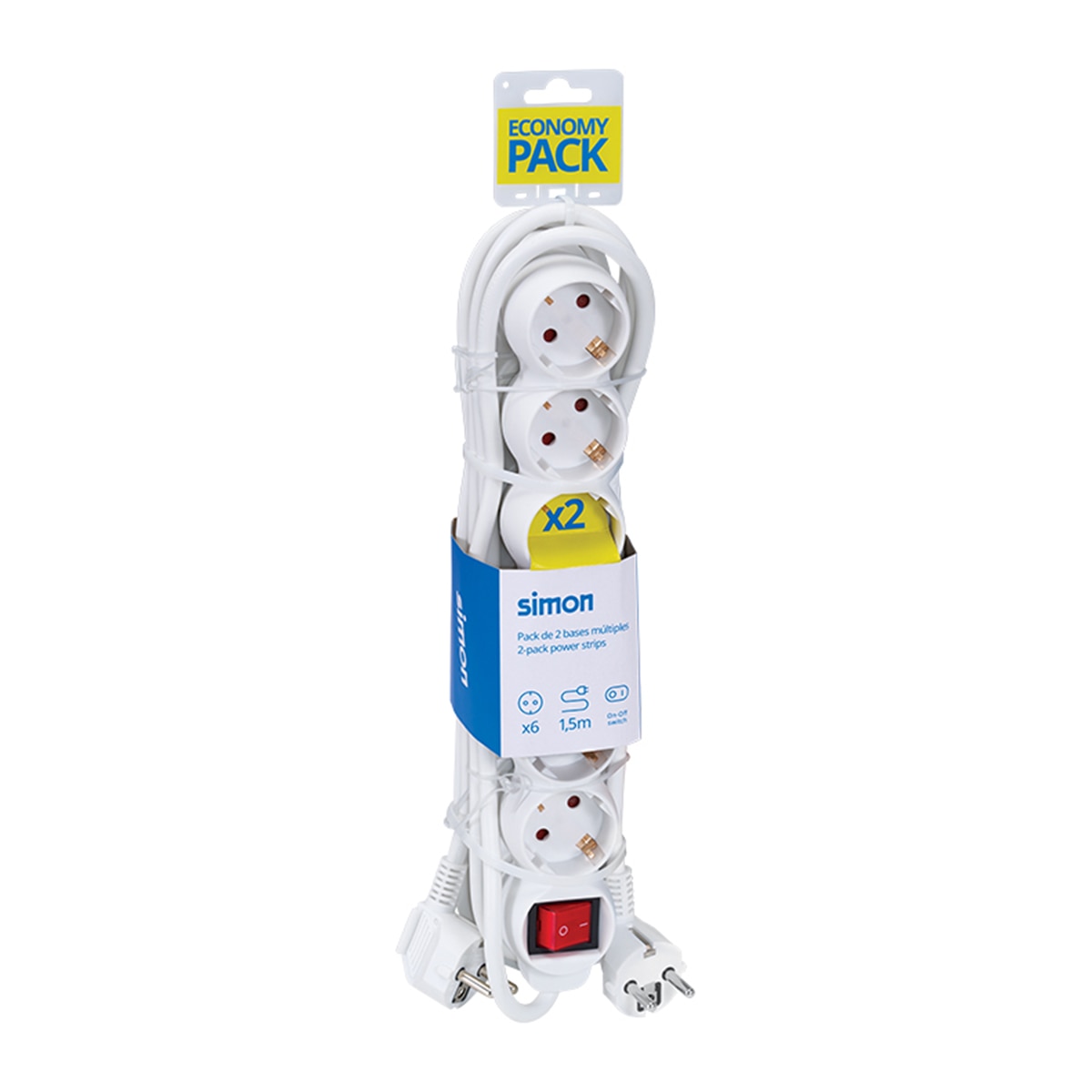 Pack 2 bases multiples 6 enchufes 1,5 metros longitud cable con interruptor Simon 11