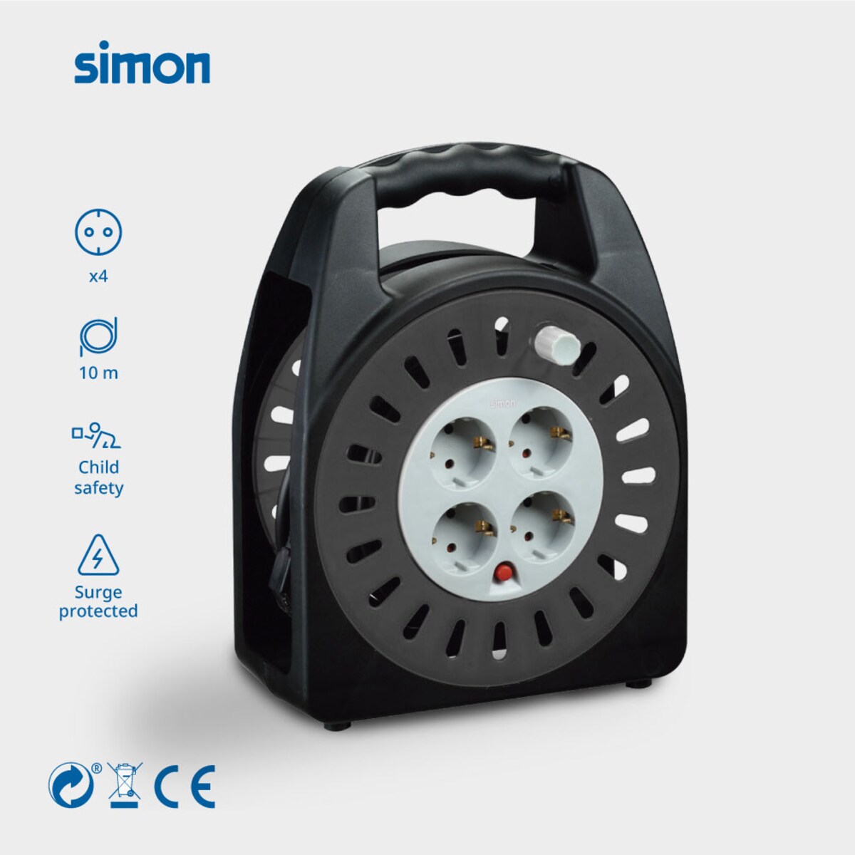 Extensible Doméstico enrolla-cables 4 tomas 10m Simon Blanco - Negro-2