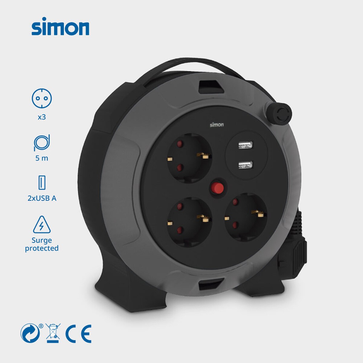 Enrola-Cabos Extensível Doméstico com 3 Tomadas USB 5 m Preto / Cinzento-2