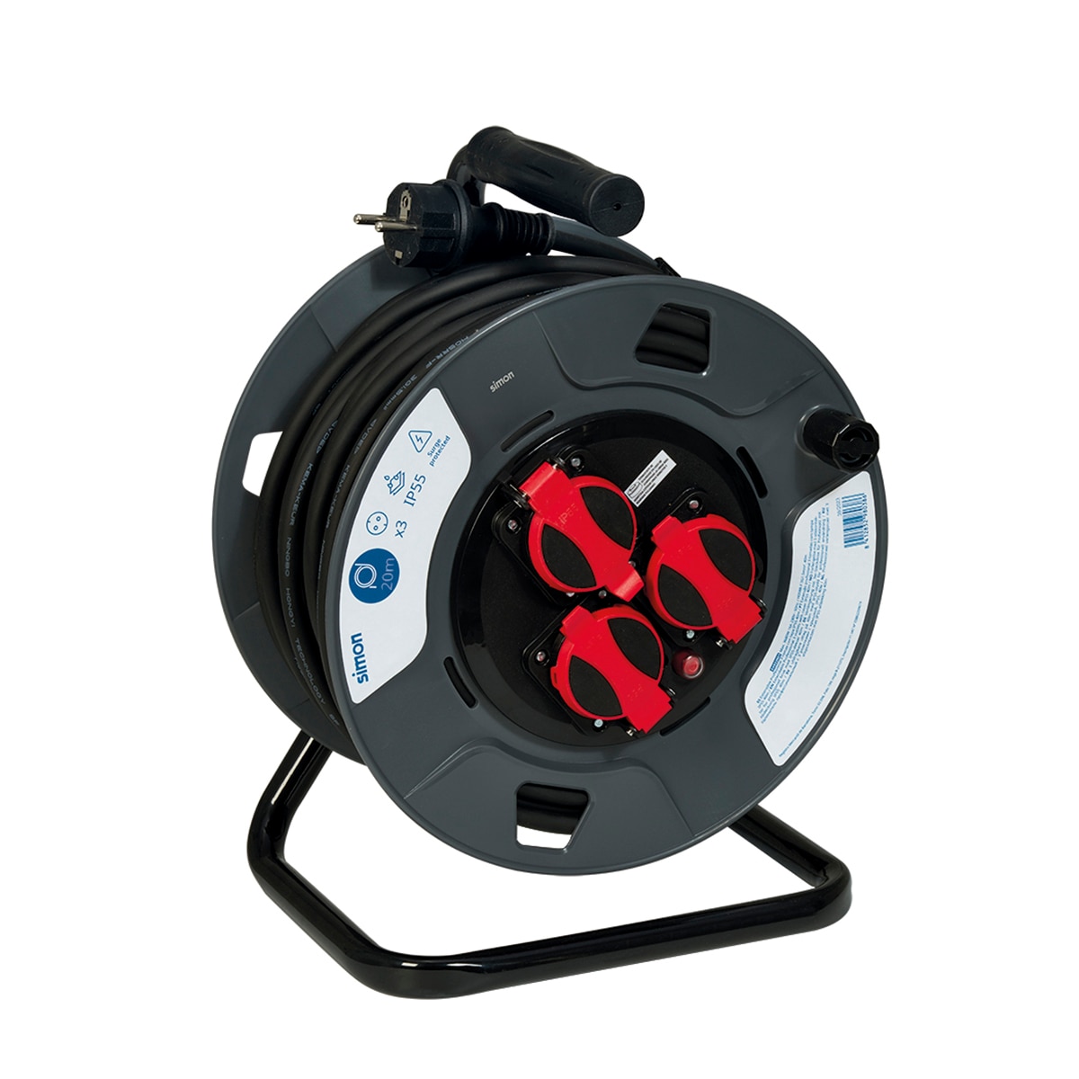 Extensible profesional enrolla-cables IP55 3 tomas 20m Simon Negro / Rojo-2