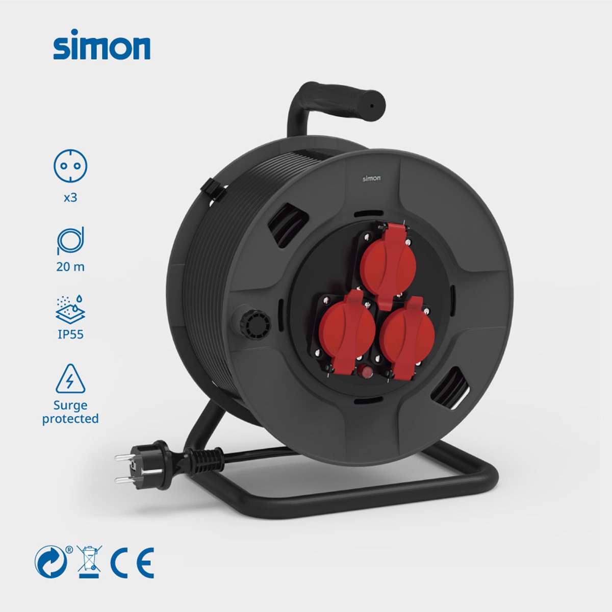 Extensible profesional enrolla-cables IP55 3 tomas 20m Simon Negro / Rojo-3