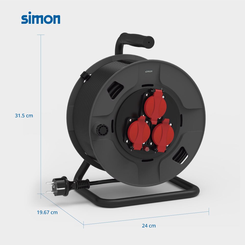 Extensible profesional enrolla-cables IP55 3 tomas 20m Simon Negro / Rojo-5
