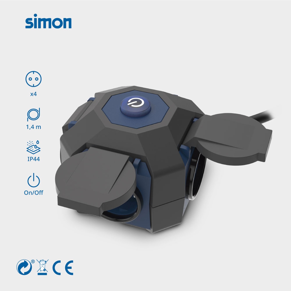 Prolongador expert IP44 4 tomas 1,4m Simon Gris / Azul-3