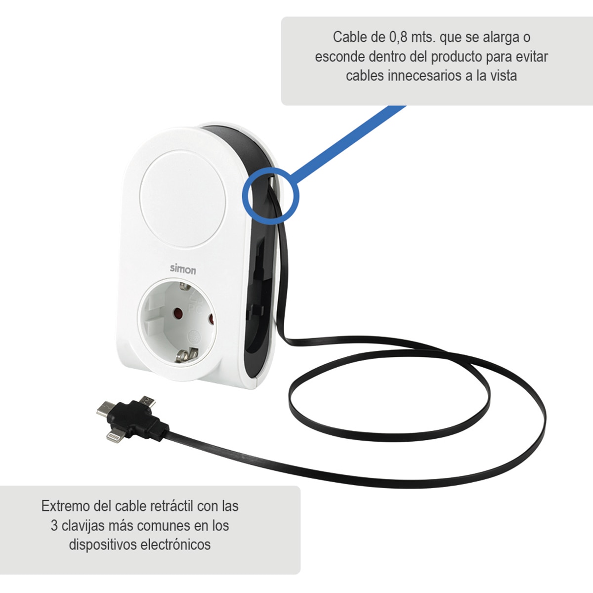 Adaptador 16A 1 USB A y cable 80cm con 3 conectores USB Simon Blanco - Negro-9