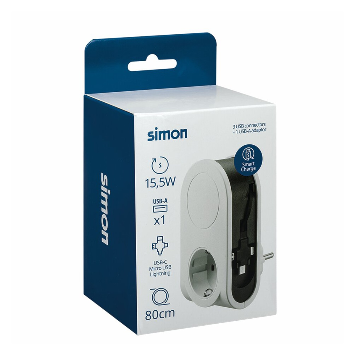 Adaptador 16A 1 USB A y cable 80cm con 3 conectores USB Simon Blanco - Negro-12