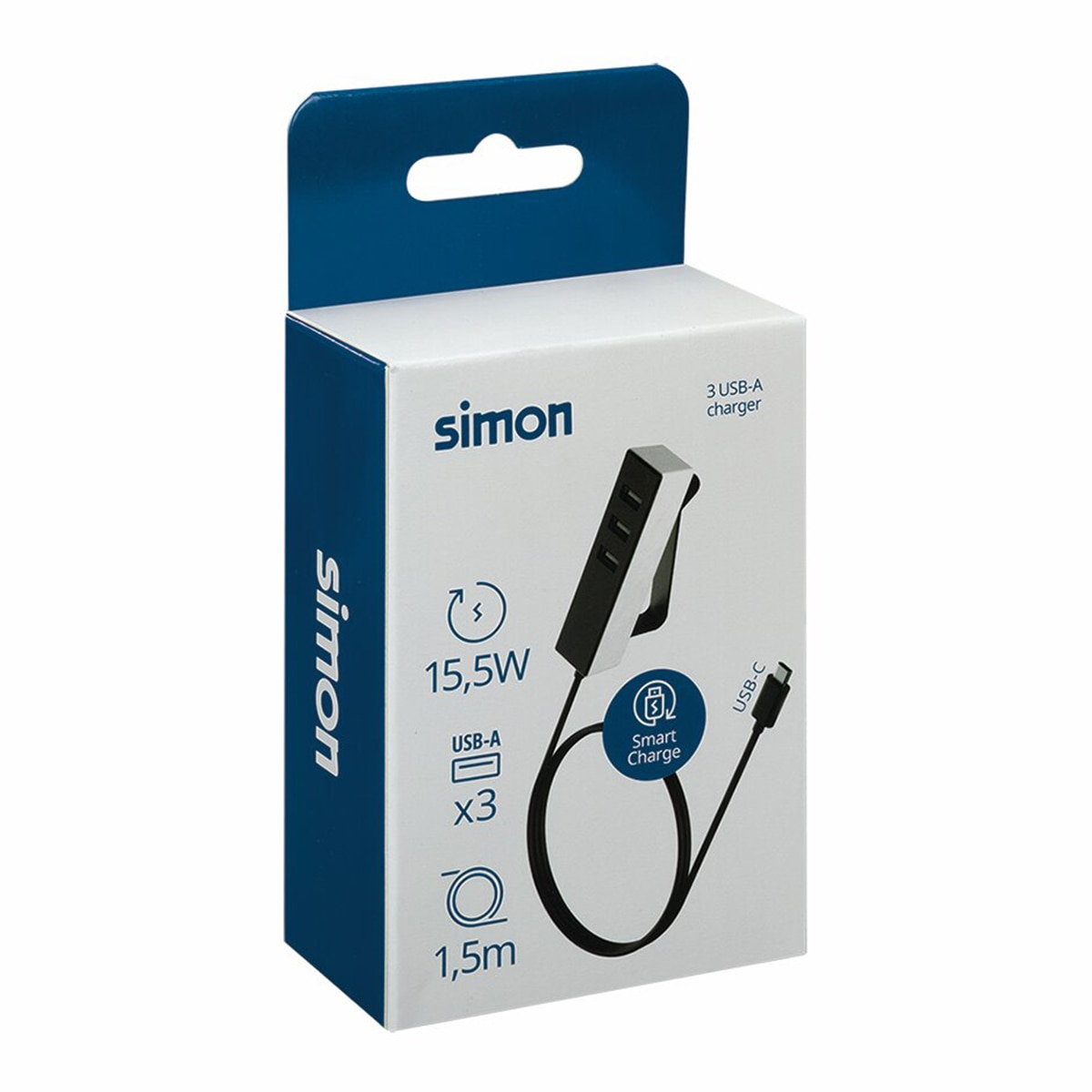 Adaptador con fijación 3 USB A y cable 1,5m USB C Simon Blanco - Negro-7