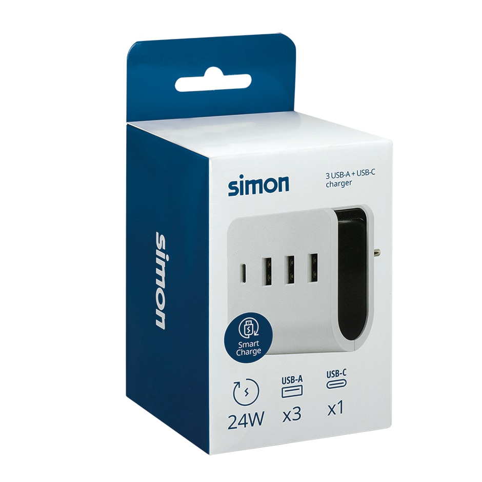 Adaptador 1 USB + 3 USB A con Soporte para Smarpthone Smart Charge Simon Blanco - Negro-6