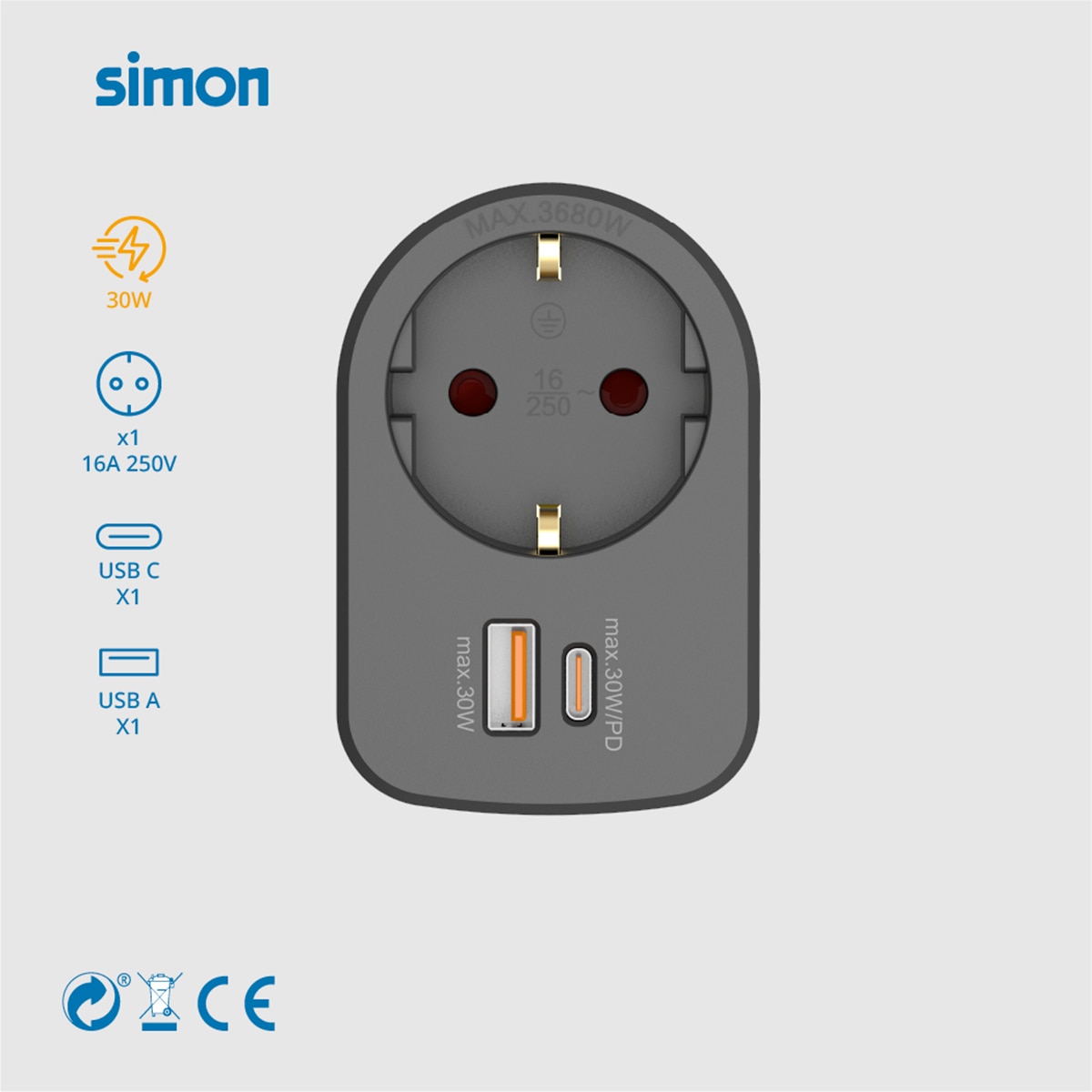 Adaptador Combi 30W Usb A + C + 1 Toma 16A 250V Simon 2
