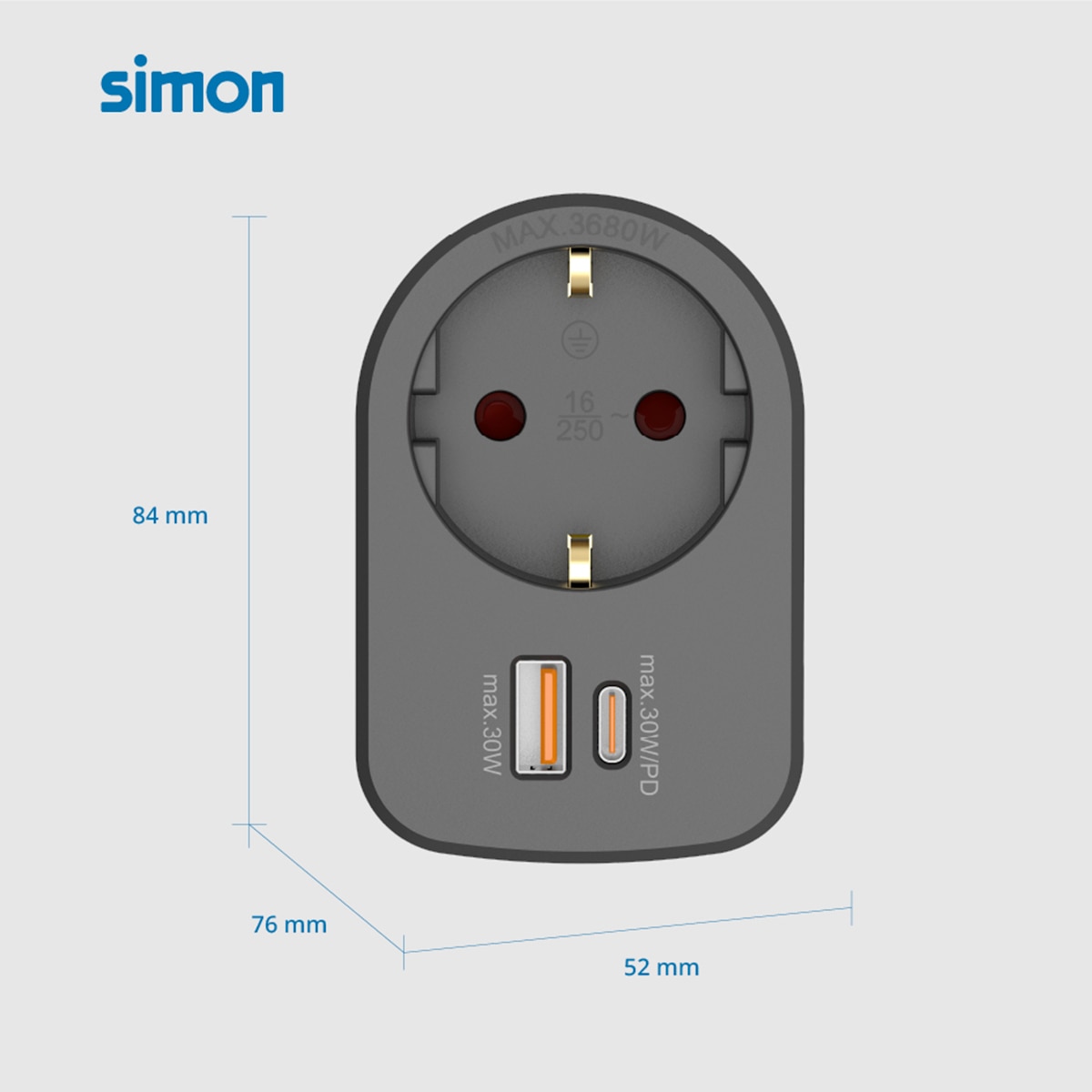 Adaptador Combi 30W Usb A + C + 1 Toma 16A 250V Simon 4